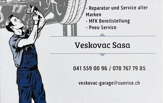 Visitenkarte der Veskovac Garage: Reparatur und Service aller Marken, MFK-Bereitstellung, Pneu-Service — Inhaber Sasa Veskovac